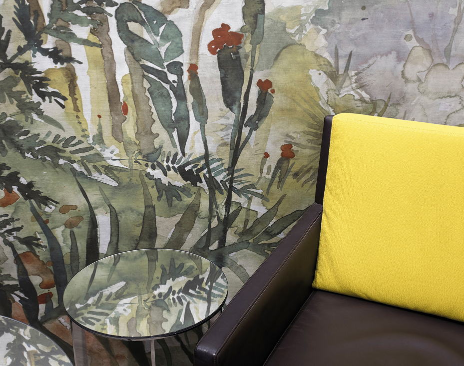 Custom ceramic surface with floral illustration and design armchair